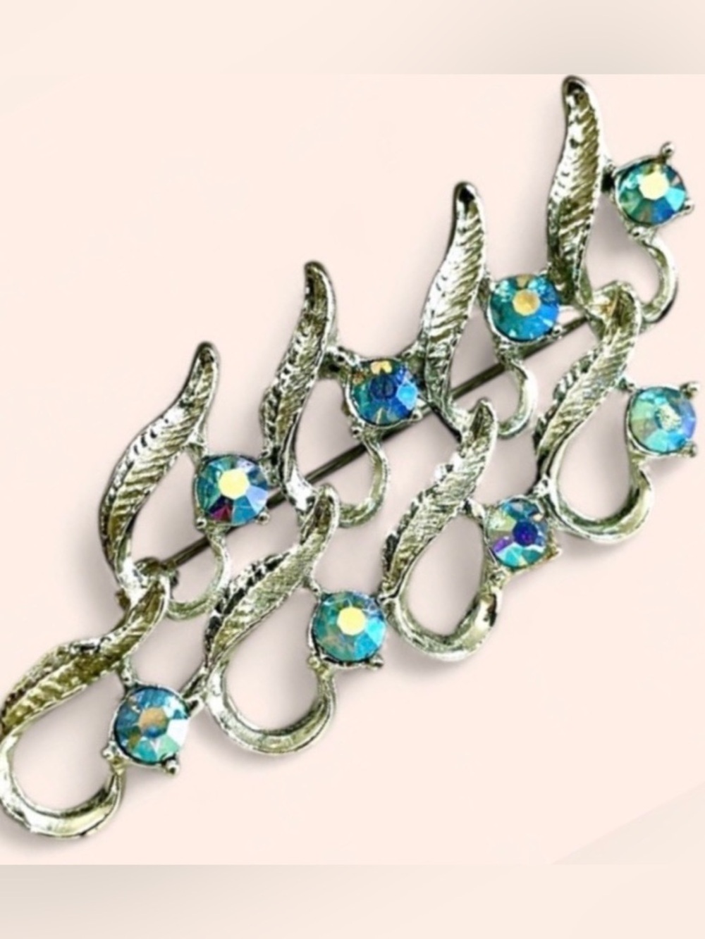 Vintage Blue Aurora Borealis Rhinestone Brooch Pin Silver Tone Leaf AB Floral